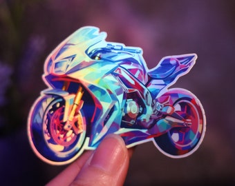 Holographic Motorcycle Sticker Rainbow Decal Laptop Hydro  Tag Shiny Handmade Die-Cut BuJo Scrapbooking Planner Racing Motorbike Moped