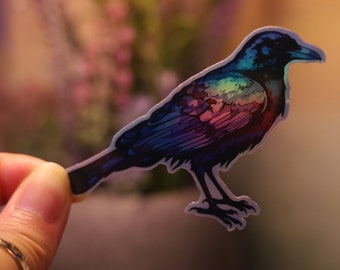 Holographic Crow Sticker bird Decal Laptop Hydro Raven  Tag Shiny Corvid Handmade Die-Cut BuJo Scrapbook Planner Cute Kawaii Animal