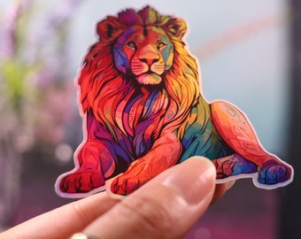 Holographic Lion Sticker, Rainbow Tribal Decal, Handmade Die-Cut, Magnet