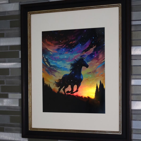 Holographic Black Unicorn Art Print Mythical Wall Decor Northern Lights Sticker Rainbow Handmade Holo Magnet Magical Animal Mystical