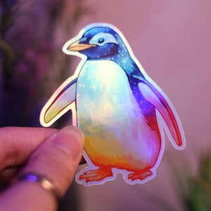 Sticker oiseau pingouin holographique Sticker arc-en-ciel pour ordinateur portable Hydro Tag brillant découpé à la main BuJo scrapbooking planificateur Animal Kawaii mignon
