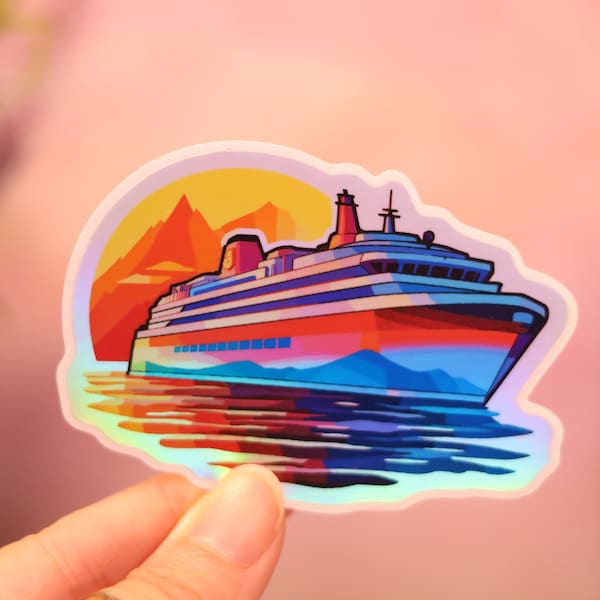 Holographic Cruise ship Sticker Rainbow Decal Laptop Hydro  Tag Shiny Handmade Die-Cut BuJo Scrapbooking Planner Cute Kawaii Animal