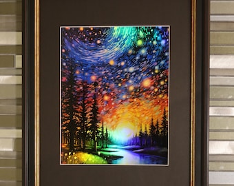 Holographic Starry Night Dreamscape Print Wall Art Nature Holo Space Stars Forest Landscape decor River Van Gogh Inspired Sticker Magnet
