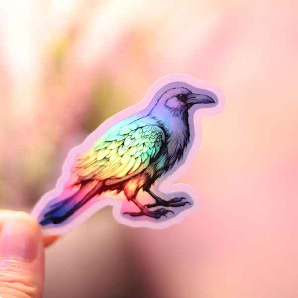 Holographic White Raven Bird Sticker Rainbow Decal Laptop Hydro Crow Tag Shiny Corvid Handmade Die-Cut Scrapbook Planner Cute Kawaii Animal