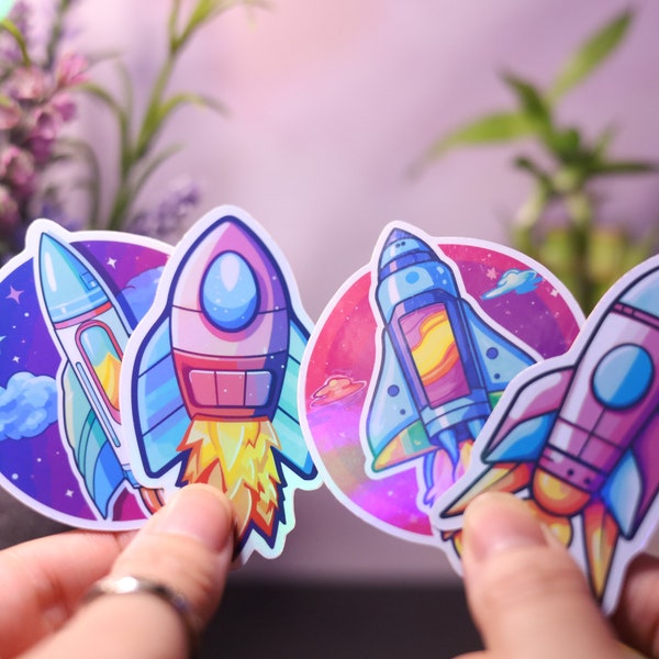 4-pack Holographic Rocket ship Sticker Rainbow Space Starship Decal Spaceship Holo Laptop Collection Baby Boy Girl Gift Bujo Planner Cute