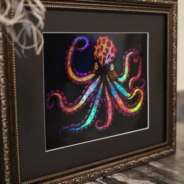 Holographic Deep Sea Octopus Art Print Holo Kraken Wall Art Cephalopod Rainbow Coral Shiny Neon Handmade Giant Pacific Animal Sticker Magnet