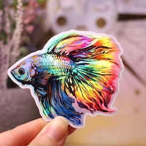 Holographic Betta Fish Sticker Rainbow Decal Laptop  Shiny Handmade Die-Cut Scrapbooking Planner Cute Siamese Fighting Animal Magnet