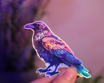Holographic Raven Sticker, Rainbow Bird Decal, Handmade, Magnet