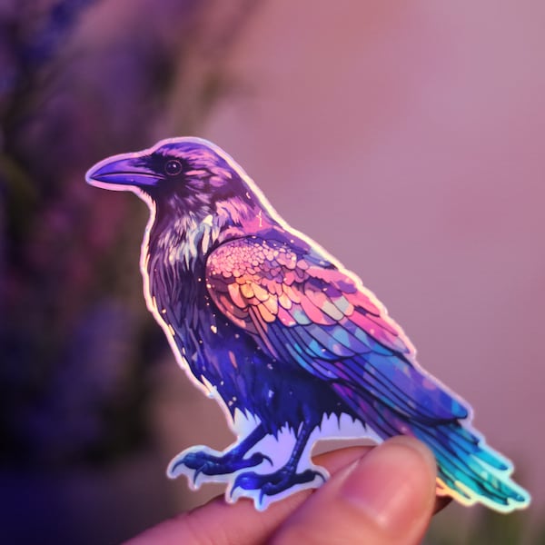 Holographic Raven Bird Sticker Rainbow Decal Laptop Hydro Crow Shiny Handmade Die-Cut BuJo Scrapbooking Planner Cute Kawaii Animal Magnet