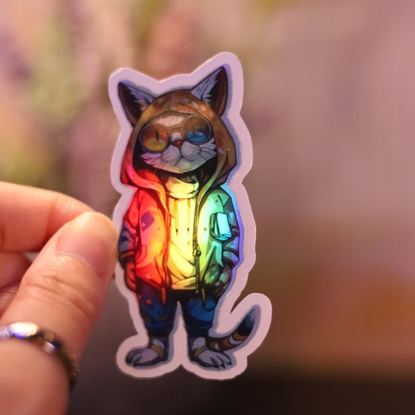 Holographic Hoodie Cat Glasses sticker Rainbow Decal Laptop kitty Shiny Handmade Die-Cut Gato Scrapbooking Planner Feline Love Street kitten