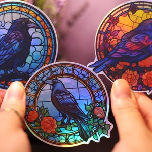 Holographic Raven Bird Stained Glass Sticker Rainbow Decal Laptop Hydro crow Shiny Corvid Handmade Die-Cut Planner Cute Kawaii Animal Magnet