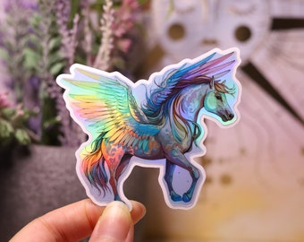 Holographic Pegasus Sticker Rainbow Decal Laptop Holo Winged Shiny Handmade Die-Cut Planner Gothic Magical Flying White horse Animal Magnet