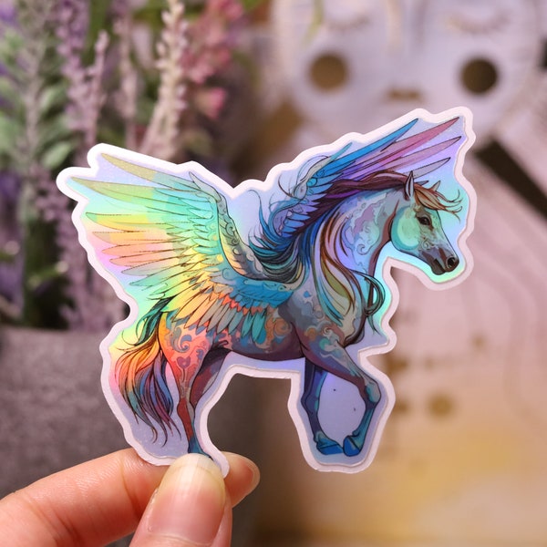 Holographic Pegasus Sticker Rainbow Decal Laptop Holo Winged Shiny Handmade Die-Cut Planner Gothic Magical Flying White horse Animal Magnet