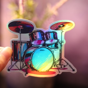 Holographic Drum set Personalized Band Music Instrument Rainbow Decal Laptop  Shiny Handmade Die-Cut BuJo Planner Foil Jam Rock Roll