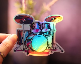 Holographic Drum set Personalized Band Music Instrument Rainbow Decal Laptop  Shiny Handmade Die-Cut BuJo Planner Foil Jam Rock Roll