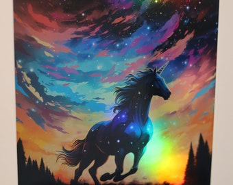 Holographic Black Unicorn Art Print Mythical Wall Decor Northern Lights Sticker Rainbow Handmade Holo Magnet Magical Animal Mystical