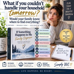 Può includere: Un raccoglitore bianco intitolato If Something Happens to Me Family Organizer con un grafico di un paesaggio montano. Include sezioni per informazioni su casa, veicoli, conti finanziari, documenti legali, dati medici, animali domestici e contatti.