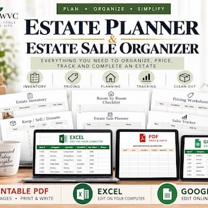 May include: An estate planner and estate sale organiser digital kit featuring printable PDF, Excel, and Google Sheets templates. The display includes various inventory, pricing, and checklist forms, alongside a mug with the text Organized Today Brighter Tomorrow.