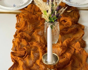 Burnt orange fall wedding decor, Boho wedding table runner, Cheesecloth centerpiece for runners