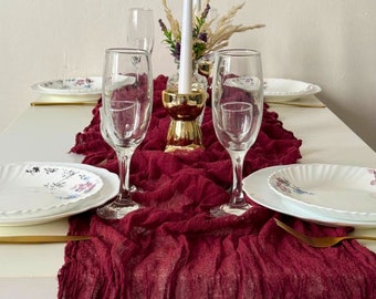 Burgundy fall wedding decor, Christmas wedding centerpieces for cheesecloth table runner, Boho arch backdrop