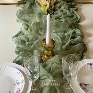 Sage Green cheesecloth table runner, Boho green centerpieces for table runner, Woodland forest ceremony arch drape backdrop image 5