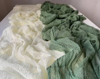 Ivory and sage green boho wedding decor, Cheesecloth center pieces for tables runner