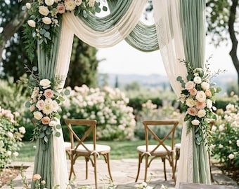 Sage green and ivory cheesecloth rustic wedding arch backdrop for ceremony decor