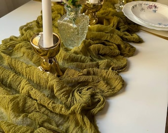 Sage Olive cheesecloth table runners, Rustic Wedding arch backdrop, Boho table decor