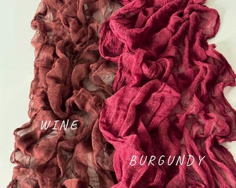 Burgundy and wine centerpieces cheesecloth table runners, Fall Wedding arch backdrop decor