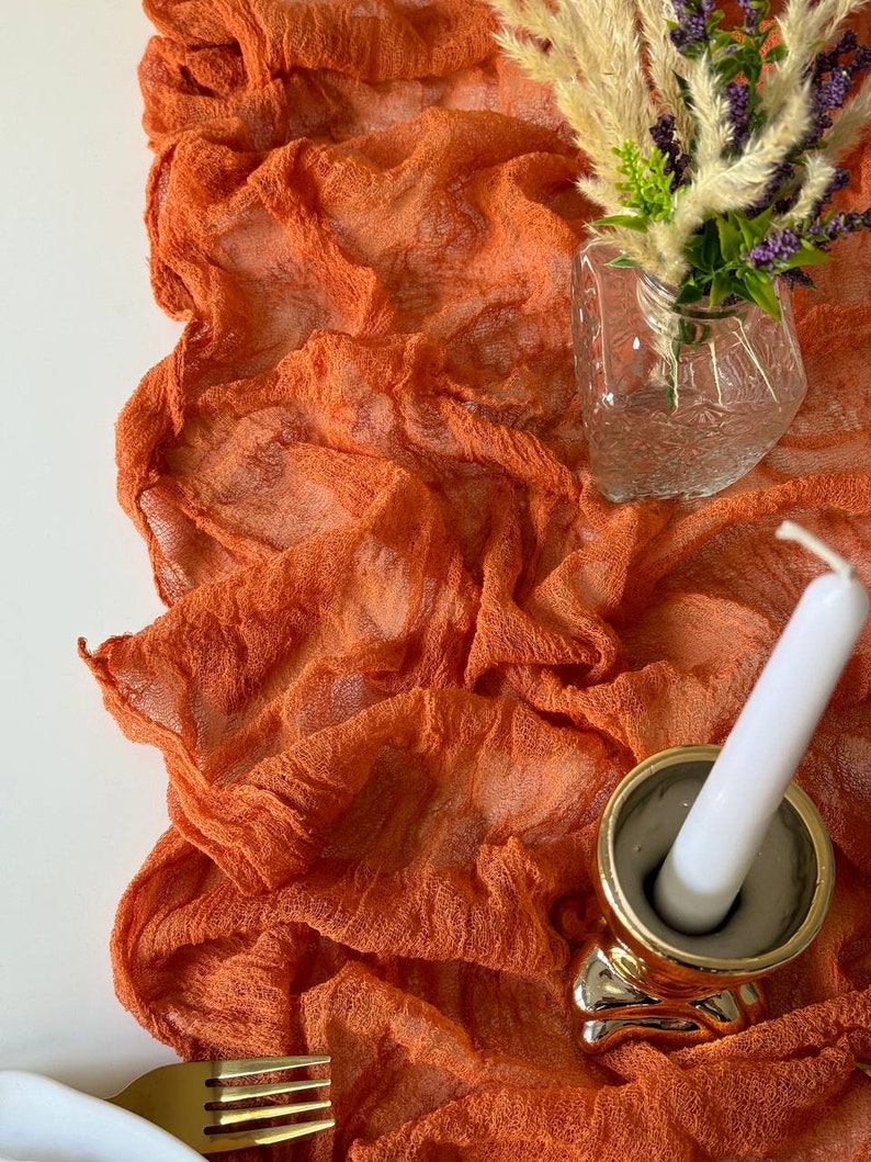 Burnt orange fall wedding decor, Boho wedding table runner, Cheesecloth centerpiece for runners image 5