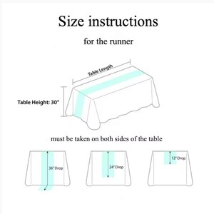 May include: Diagram showing how to measure a table runner for a table that is 30 inches high. The diagram shows the runner extending 12, 24, or 36 inches past the edge of the table.