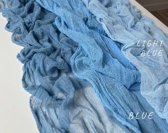 Camino de mesa de gasa azul claro: Cortina para arco de boda en la playa, pasillo para despedida de soltera
