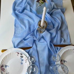 Blauwe lange tafelloper, boho katoenen gaasstof op maat gesneden, mousseline tafelkleed voor buiten