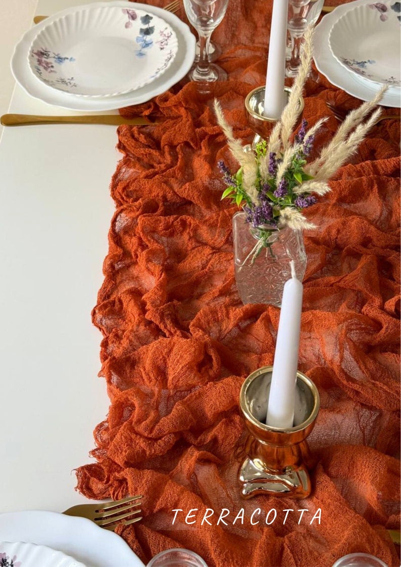 Burnt orange fall wedding decor, Boho wedding table runner, Cheesecloth centerpiece for runners image 6