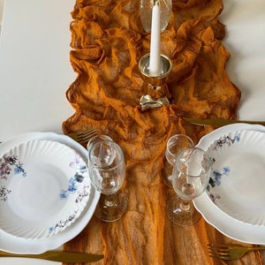 Burnt orange fall wedding decor, Boho wedding table runner, Cheesecloth centerpiece for runners image 3