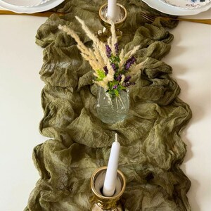 Sage Green cheesecloth table runner, Boho green centerpieces for table runner, Woodland forest ceremony arch drape backdrop image 7