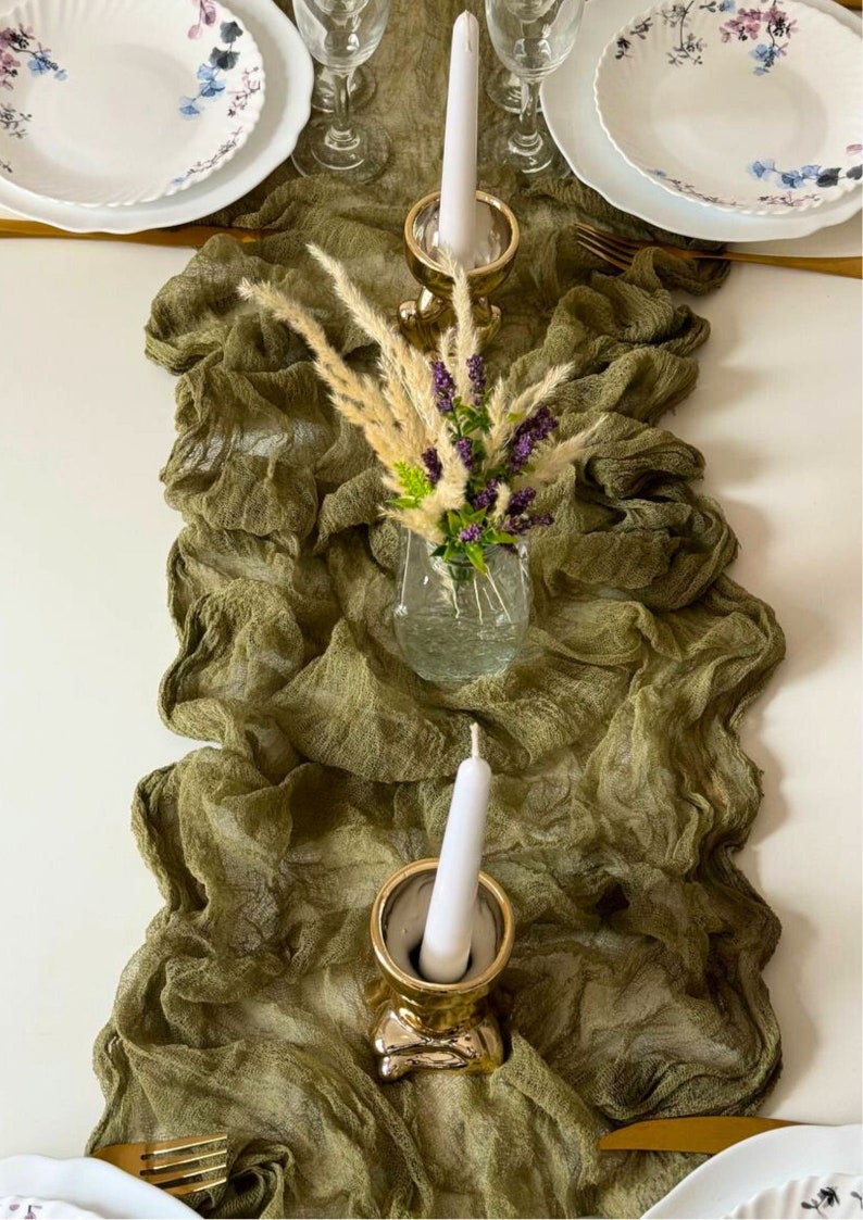 Sage Green cheesecloth table runner, Boho green centerpieces for table runner, Woodland forest ceremony arch drape backdrop image 7