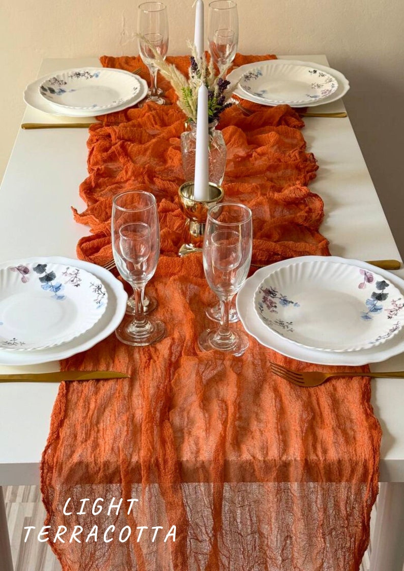 Burnt orange fall wedding decor, Boho wedding table runner, Cheesecloth centerpiece for runners image 4