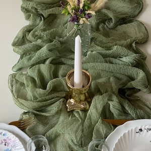 Sage Green cheesecloth table runner, Boho green centerpieces for table runner, Woodland forest ceremony arch drape backdrop image 4