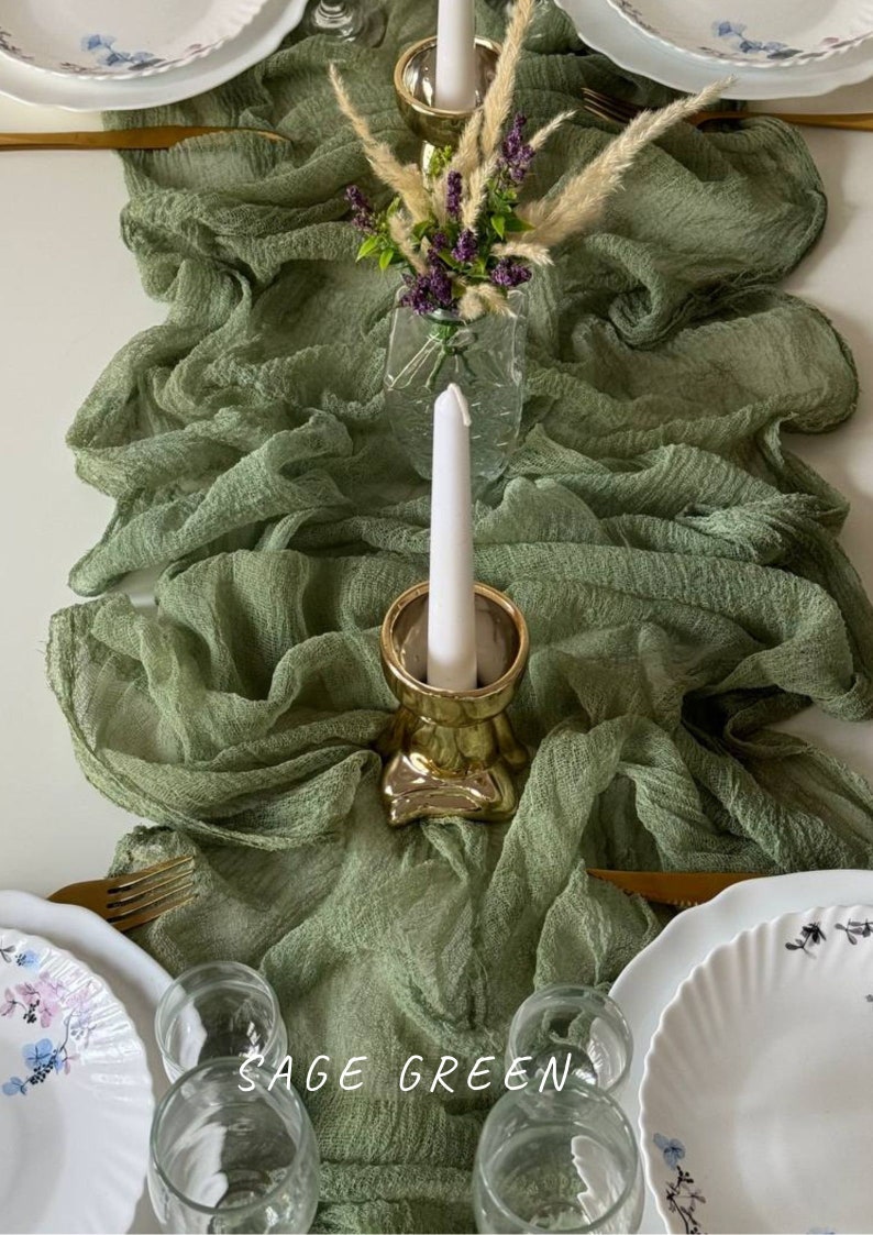 Sage Green cheesecloth table runner, Boho green centerpieces for table runner, Woodland forest ceremony arch drape backdrop image 4