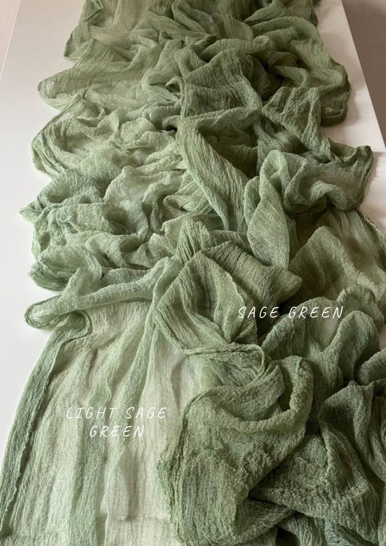 Sage Green cheesecloth table runner, Boho green centerpieces for table runner, Woodland forest ceremony arch drape backdrop image 2