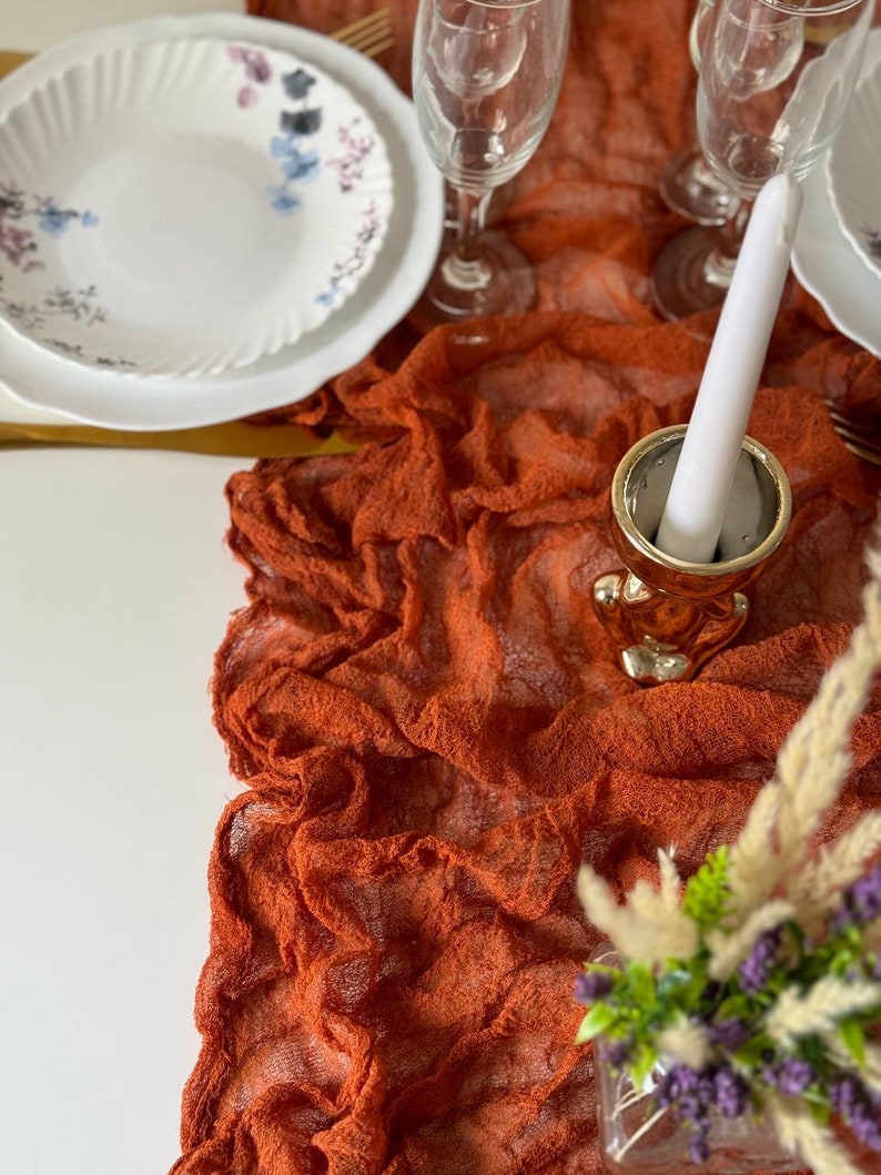 Burnt orange fall wedding decor, Boho wedding table runner, Cheesecloth centerpiece for runners image 7