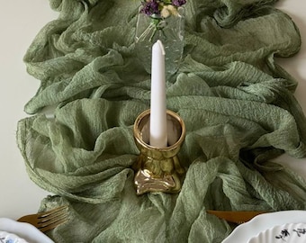 Caminos de mesa de tela de queso de boda boho verde salvia, cinta de arco de boda, centro de mesa de boda rústico, decoración de cenador de ceremonia de arena