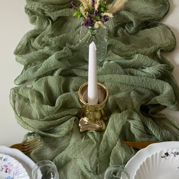 Sage Green boho wedding cheesecloth table runners, Wedding arch tape, Rustic wedding centerpiece, Sand ceremony arbor decor