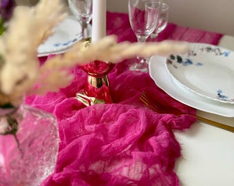 Pink tables centerpieces for gauze runners, Boho wedding cotton table cloth runner