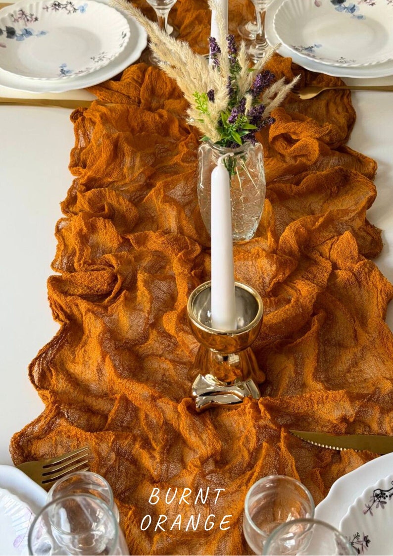 Burnt orange fall wedding decor, Boho wedding table runner, Cheesecloth centerpiece for runners image 1