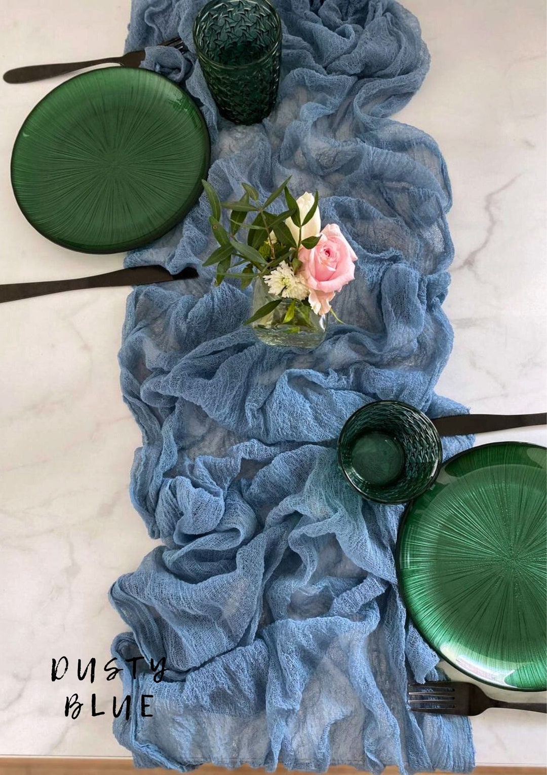 Dusty Blue Cheesecloth Table Runner for Boho Wedding Decor, Rustic