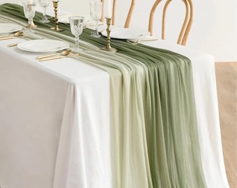 Caminos de mesa de tela de queso de boda boho verde salvia, cinta de arco de boda, centro de mesa de boda rústico, decoración de cenador de ceremonia de arena