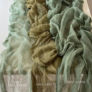 Sage Green cheesecloth table runner, Boho green centerpieces for table runner, Woodland forest ceremony arch drape backdrop image 3