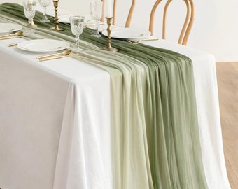 Caminos de mesa de tela de queso de boda boho verde salvia, cinta de arco de boda, centro de mesa de boda rústico, decoración de cenador de ceremonia de arena